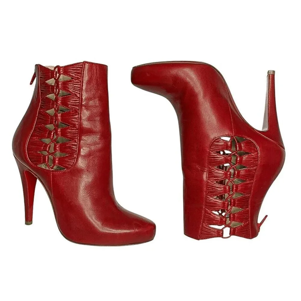 Christian Louboutin Aziboot 100 Red Leather Cutout Ankle Boots Size 37 EU 7 US
